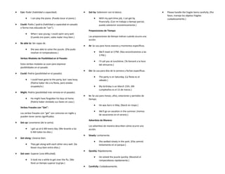  Can: Poder (habilidad o capacidad).
 I can play the piano. (Puedo tocar el piano.)
 Could: Podía / podría (habilidad o capacidad en pasado
o forma más educada de "can").
 When I was young, I could swim very well.
(Cuando era joven, sabía nadar muy bien.)
 Be able to: Ser capaz de.
 She was able to solve the puzzle. (Ella pudo
resolver el rompecabezas.)
Verbos Modales de Posibilidad en el Pasado:
Estos verbos modales se usan para expresar
posibilidades en el pasado.
 Could: Podría (posibilidad en el pasado).
 I could have gone to the party, but I was busy.
(Podría haber ido a la fiesta, pero estaba
ocupado/a.)
 Might: Podría (posibilidad más remota en el pasado).
 He might have forgotten his keys at home.
(Podría haber olvidado sus llaves en casa.)
Verbos Frasales con "Get":
Los verbos frasales con "get" son comunes en inglés y
pueden tener varios significados.
 Get up: Levantarse (de la cama).
 I get up at 6 AM every day. (Me levanto a las
6 AM todos los días.)
 Get along: Llevarse bien.
 They get along with each other very well. (Se
llevan muy bien entre ellos.)
 Get over: Superar (una dificultad).
 It took me a while to get over the flu. (Me
llevó un tiempo superar la gripe.)
 Get by: Sobrevivir con lo básico.
 With my part-time job, I can get by
financially. (Con mi trabajo a tiempo parcial,
puedo sobrevivir económicamente.)
Preposiciones de Tiempo:
Las preposiciones de tiempo indican cuándo ocurre una
acción.
 At: Se usa para horas exactas y momentos específicos.
 We'll meet at 3 PM. (Nos encontraremos a las
3 PM.)
 I'll call you at lunchtime. (Te llamaré a la hora
del almuerzo.)
 On: Se usa para días de la semana y fechas específicas.
 The party is on Saturday. (La fiesta es el
sábado.)
 My birthday is on March 15th. (Mi
cumpleaños es el 15 de marzo.)
 In: Se usa para meses, años, estaciones y períodos de
tiempo.
 He was born in May. (Nació en mayo.)
 We'll go on vacation in the summer. (Iremos
de vacaciones en el verano.)
Adverbios de Manera:
Los adverbios de manera describen cómo ocurre una
acción.
 Slowly: Lentamente.
 She walked slowly in the park. (Ella caminó
lentamente en el parque.)
 Quickly: Rápidamente.
 He solved the puzzle quickly. (Resolvió el
rompecabezas rápidamente.)
 Carefully: Cuidadosamente.
 Please handle the fragile items carefully. (Por
favor, maneje los objetos frágiles
cuidadosamente.)
 