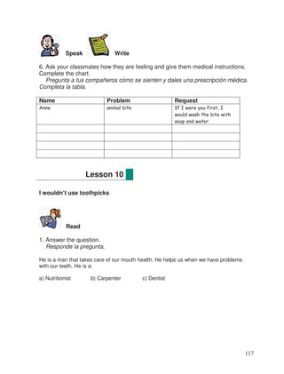 Speak Write
6. Ask your classmates how they are feeling and give them medical instructions.
Complete the chart.
Pregunta a tus compañeros cómo se sienten y dales una prescripción médica.
Completa la tabla.
Name Problem Request
Anne animal bite If I were you first, I
would wash the bite with
soap and water
I wouldn’t use toothpicks
Read
1. Answer the question.
Responde la pregunta.
He is a man that takes care of our mouth health. He helps us when we have problems
with our teeth. He is a:
a) Nutritionist b) Carpenter c) Dentist
Lesson 10
117
 