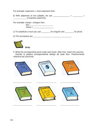 For example: expensive = more expensive than
b) With adjectives of one syllable, we use _______________ + _________ +
____________ to express superiority.
For example: cheap = cheaper than
big = ____________________
heavy = __________________
c) To substitute a noun you use ________ for singular and ________ for plural.
d) The connectors are ________ ________ ________ _________.
Write
5. Write the corresponding word under each book. After that, match the columns.
Escribe la palabra correspondiente debajo de cada libro. Posteriomente,
relaciona las columnas.
_________________ __________________ __________________
_________________ __________________ _________________
206
 