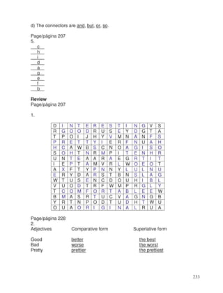 d) The connectors are and, but, or, so.
Page/página 207
5.
c
h
i
d
a
g
e
f
b
Review
Page/página 207
1.
D I N T E R E S T I N G V S
R G O O D R U S E Y D G T A
T P O I J H Y V M N A N F S
P R E T T Y I E R F N U A H
H C A W B S C N O A G I S O
S O H T N R M P I T E N H R
U N T E A A R A E G R T I T
I E P T A M V R L W O E O T
A X F T Y P N N Y L U L N U
E R Y D A R S T B N S L A G
W T U S E N C D O U H I B L
V U O D T R F W M P R G L Y
T C O M F O R T A B L E E W
B M A S R T U C V A G N G B
Y R T N P O D T U D H T W U
O U A O R I G I N A L R U A
Page/página 228
2.
Adjectives Comparative form Superlative form
Good better the best
Bad worse the worst
Pretty prettier the prettiest
233
 