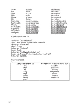 Small smaller the smallest
Fat fatter the fattest
Short shorter the shortest
Ugly uglier the ugliest
Cheap cheaper the cheapest
Hot hotter the hottest
Interesting more interesting the most interesting
Fashionable more fashionable the most fashionable
Original more original the most original
Comfortable more comfortable the most comfortable
Expensive more expensive the most expensive
Dangerous more dangerous the most dangerous
Intelligent more intelligent the most intelligent
Pages/páginas 228-229
3.
Salesman: Can I help you?
Sarah: Yes, please. I’m looking for a sweater.
Salesman: What color?
Sarah: Green.
Salesman: What size?
Sarah: Small.
Salesman: Would you like to try it on?
Sarah: No, Thanks. It’s for my sister. How much is it?
Salesman: It’s $290.
Page/página 229
4.
Comparative form -er Comparative form with more than
new
short
fat
easy
large
young
strong
pretty
beautiful
expensive
exciting
complicated
difficult
modern
dangerous
234
 