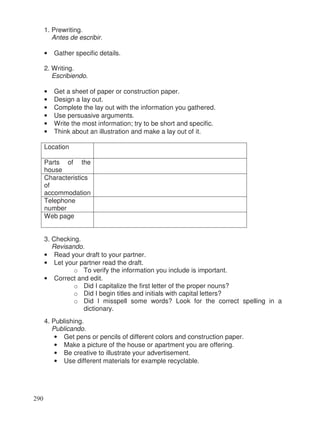 1. Prewriting.
Antes de escribir.
• Gather specific details.
2. Writing.
Escribiendo.
• Get a sheet of paper or construction paper.
• Design a lay out.
• Complete the lay out with the information you gathered.
• Use persuasive arguments.
• Write the most information; try to be short and specific.
• Think about an illustration and make a lay out of it.
Location
Parts of the
house
Characteristics
of
accommodation
Telephone
number
Web page
3. Checking.
Revisando.
• Read your draft to your partner.
• Let your partner read the draft.
o To verify the information you include is important.
• Correct and edit.
o Did I capitalize the first letter of the proper nouns?
o Did I begin titles and initials with capital letters?
o Did I misspell some words? Look for the correct spelling in a
dictionary.
4. Publishing.
Publicando.
• Get pens or pencils of different colors and construction paper.
• Make a picture of the house or apartment you are offering.
• Be creative to illustrate your advertisement.
• Use different materials for example recyclable.
290
 