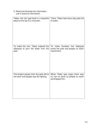 2. Read and illustrate the information.
Lee e ilustra la información.
Tlaloc, the rain god lived in a beautiful
place at the top of a mountain.
There, Tlaloc had many clay pots full
of water.
To make the rain, Tlaloc ordered the
tlaloques to pour the water from the
pots.
To make thunders the tlaloques
broke the pots and people on earth
heard them.
The broken pieces from the pots fell to
the earth and people saw the lighting.
When Tlaloc was angry there was
no rain on earth so people on earth
worshipped him.
363
 