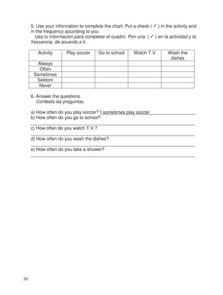 5. Use your information to complete the chart. Put a check ( ) in the activity and
in the frequency according to you.
Usa tu información para completar el cuadro. Pon una ( ) en la actividad y la
frecuencia, de acuerdo a ti.
Activity Play soccer Go to school Watch T.V Wash the
dishes
Always
Often
Sometimes
Seldom
Never
6. Answer the questions.
Contesta las preguntas.
a) How often do you play soccer? I sometimes play soccer
b) How often do you go to school?
________________________________________________________________
c) How often do you watch T.V.?
________________________________________________________________
d) How often do you wash the dishes?
________________________________________________________________
e) How often do you take a shower?
________________________________________________________________
50
 