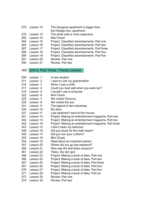 275	 Lesson 12	 The Zaragoza apartment is bigger than
	 	 	 	 	 the Hidalgo Ave. apartment
279	 Lesson 13	 The white sofa is more expensive
282	 Lesson 14	 Mini Check
284	 Lesson 15	 Project: Classified advertisements. Part one
285	 Lesson 16	 Project: Classified advertisements. Part two
287	 Lesson 17	 Project: Classified advertisements. Part three
288	 Lesson 18	 Project: Classified advertisements. Part four
289	 Lesson 19	 Project: Classified advertisements. Part five
291	 Lesson 20	 Review. Part one
294	 Lesson 21	 Review. Part two
305	 Unit 5. Past Times / Tiempo pasado
308	 Lesson  1	 A new student
311	 Lesson  2	 I went to visit my grandmother
314	 Lesson  3	 When I was a child
317	 Lesson  4	 Could you read well when you were ten?
319	 Lesson  5	 I couldn’t use a computer
322	 Lesson  6	 Mini Check
325	 Lesson  7	 We visited Veracruz
328	 Lesson  8	 We visited the zoo
331	 Lesson  9	 The legend of two volcanoes
334	 Lesson 10	 My diary
337	 Lesson 11	 Last weekend I went to the movies
341	 Lesson 12	 Project: Making an entertainment magazine. Part one
342	 Lesson 13	 Project: Making an entertainment magazine. Part two
342	 Lesson 14	 Project: Making an entertainment magazine. Part three
343	 Lesson 15	 I didn’t clean my bedroom
346	 Lesson 16	 Did you study for the math exam?
349	 Lesson 17	 Did you iron your uniform?
352	 Lesson 18	 Mini Check
354	 Lesson 19	 Read about an important person
357	 Lesson 20	 Where did you go last weekend?
360	 Lesson 21	 Who was the last Aztec emperor?
361	 Lesson 22	 Tlaloc, the rain god
366	 Lesson 23	 Project: Making a book of tales. Part one
366	 Lesson 24	 Project: Making a book of tales. Part two
367	 Lesson 25	 Project: Making a book of tales. Part three
367	 Lesson 26	 Project: Making a book of tales. Part four
370	 Lesson 27	 Project: Making a book of tales. Part five
371	 Lesson 28	 Project: Making a book of tales. Part six
372	 Lesson 29	 Review. Part one
374	 Lesson 30	 Review. Part two
Índice de INGLES 2o.indd 3 2/4/08 11:11:21
 