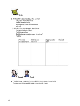 Write
3. Write all the details about the animal:
Physical characteristics
Habits and routines
Appropriate care of the animal
Habitat
Escribe todos los detalles del animal:
Características físicas
Hábitos y rutinas
Cuidados apropiados para el animal
Hábitat
Physical
characteristics
Habits and
routines
Appropriate
care
Habitat
Speak Think
4. Organize the information you get and expose it to the class.
Organiza tu información y exponla ante la clase.
68
 