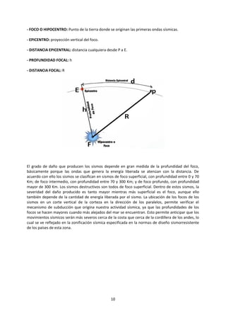10
- FOCO O HIPOCENTRO: Punto de la tierra donde se originan las primeras ondas sísmicas.
- EPICENTRO: proyección vertical del foco.
- DISTANCIA EPICENTRAL: distancia cualquiera desde P a E.
- PROFUNDIDAD FOCAL: h
- DISTANCIA FOCAL: R
El grado de daño que producen los sismos depende en gran medida de la profundidad del foco,
básicamente porque las ondas que genera la energía liberada se atenúan con la distancia. De
acuerdo con ello los sismos se clasifican en sismos de foco superficial, con profundidad entre 0 y 70
Km; de foco intermedio, con profundidad entre 70 y 300 Km; y de foco profundo, con profundidad
mayor de 300 Km. Los sismos destructivos son todos de foco superficial. Dentro de estos sismos, la
severidad del daño producido es tanto mayor mientras más superficial es el foco, aunque ello
también depende de la cantidad de energía liberada por el sismo. La ubicación de los focos de los
sismos en un corte vertical de la corteza en la dirección de los paralelos, permite verificar el
mecanismo de subducción que origina nuestra actividad sísmica, ya que las profundidades de los
focos se hacen mayores cuando más alejados del mar se encuentran. Esto permite anticipar que los
movimientos sísmicos serán más severos cerca de la costa que cerca de la cordillera de los andes, lo
cual se ve reflejado en la zonificación sísmica especificada en la normas de diseño sismorresistente
de los países de esta zona.
 