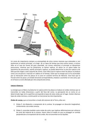11
Un sismo de importancia siempre va acompañado de otros sismos menores que anteceden o son
posteriores al evento principal, a lo largo de un lapso de tiempo que dura varios meses, e incluso
años en el caso de sismos de gran severidad. Los sismos anteriores al principal se denominan
precursores, mientras que los posteriores se llaman replicas. Al ubicar en un plano todos los
epicentros de precursores, evento principal y replicas, se puede determinar la zona de ruptura o de
falla que dio origen a este conjunto de sismos. Esto indica que la ruptura entre las placas se produce
como una secuencia o reacción en cadena en el tiempo, hasta que la energía que se ha acumulado
por la interacción entre las placas en la zona en cuestión termina de liberarse. Esto hace que la
fricción entre las pacas y el estado tensional correspondiente, empiece a aumentar en otra zona, que
en el futuro se verá afectada por otro conjunto de sismos.
ONDAS SÍSMICAS
La energía que se libera al producirse la ruptura entre las placas se traduce en ondas sísmicas que se
transmiten en todas direcciones a partir del foco del sismo. La percepción de un sismo en un
determinado lugar de la superficie corresponde al paso de estas ondas por el lugar. Existen diversos
tipos de ondas sísmicas, a continuación se mencionan las más importantes.
Ondas de cuerpo, que se transmiten a través del volumen de la Tierra, ellas son:
i) Ondas P, de dilatación y compresión de la corteza. Se propagan en dirección longitudinal,
similarmente a las ondas sonoras.
ii) Ondas S, conocidas también como ondas de corte, que implican deformaciones por esfuerzo
de corte del material de la corteza. Hacen vibrar el medio en que se propagan en sentido
perpendicular a la trayectoria de las ondas. No se transmiten en los líquidos.
 