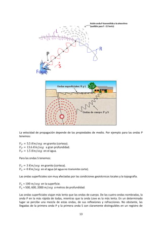 13
La velocidad de propagación depende de las propiedades de medio. Por ejemplo para las ondas P
tenemos:
𝑉 𝑃 = 5.5 𝐾𝑚/𝑠𝑒𝑔 en granito (corteza).
𝑉 𝑃 = 13.6 𝐾𝑚/𝑠𝑒𝑔 a gran profundidad.
𝑉 𝑃 = 1.5 𝐾𝑚/𝑠𝑒𝑔 en el agua.
Para las ondas S tenemos:
𝑉 𝑆 = 3 𝐾𝑚/𝑠𝑒𝑔 en granito (corteza).
𝑉 𝑆 = 0 𝐾𝑚/𝑠𝑒𝑔 en el agua (el agua no transmite corte).
Las ondas superficiales son muy afectadas por las condiciones geotécnicos locales y la topografía.
𝑉 𝐿 ≈ 100 𝑚/𝑠𝑒𝑔 en la superficie.
𝑉 𝐿 ≈ 500, 600, 2000 𝑚/𝑠𝑒𝑔 a metros de profundidad.
Las ondas superficiales viajan más lento que las ondas de cuerpo. De las cuatro ondas nombradas, la
onda P en la más rápida de todas, mientras que la onda Love es la más lenta. En un determinado
lugar se percibe una mezcla de estas ondas, de sus reflexiones y refracciones. No obstante, las
llegadas de la primera onda P y la primera onda S son claramente distinguibles en un registro de
 