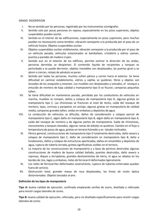 16
GRADO DESCRIPCION
I. No es sentido por las personas, registrado por los instrumentos sismógrafos.
II. Sentido solo por pocas personas en reposo, especialmente en los pisos superiores, objetos
suspendidos pueden oscilar.
III. Sentido en el interior de las edificaciones, especialmente en pisos superiores, pero muchos
pueden no reconocerlo como temblor, vibración semejante a la producida por el paso de un
vehículo liviano. Objetos suspendidos oscilan.
IV. Objetos suspendidos oscilan visiblemente, vibración semejante a la producida por el paso de
un vehículo pesado, vehículos estacionados se bambolean, cristalería y vidrios suenan,
puertas y paredes de madera crujen.
V. Sentido aun en el exterior de los edificios, permite estimar la dirección de las ondas,
personas dormidas se despiertan. El contenido liquido de recipientes y tanques es
perturbado y se puede derramar, objetos inestables son desplazados, las puertas giran y se
abren o cierran, relojes de péndulo se paran.
VI. Sentido por todas las personas, muchos sufren pánico y corren hacia el exterior. Se tiene
dificultad en caminar establemente, vidrios y vajillas se quiebran, libros y objetos son
lanzados de los anaqueles y estantes. Los muebles son desplazados y volcados, el revoque y
enlucido de mortero de baja calidad y mampostería tipo D se fisuran, campanas pequeñas
tañen.
VII. Se tiene dificultad en mantenerse parado, percibido por los conductores de vehículos en
marcha, muebles se rompen, daños y colapso de mampostería tipo D, algunas grietas en
mampostería tipo C. Las chimeneas se fracturan al nivel de techo, caída del revoque de
mortero, tejas, cornisas y parapetos sin anclaje, algunas grietas en mampostería de calidad
media, campanas grandes tañen, ondas en embalses y depósitos de agua.
VIII. La conducción de vehículos se dificulta, daños de consideración y colapso parcial de
mampostería tipo C, algún daño en mampostería tipo B, algún daño en mampostería tipo A;
caída del revoque de mortero y de algunas partes de mampostería. Caída de chimeneas,
monumentos y tanques elevados, algunas ramas de árboles se quiebran. Cambio en el flujo o
temperatura de pozos de agua, grietas en terreno húmedo y en taludes inclinados.
IX. Pánico general, construcciones de mampostería tipo D totalmente destruidas, daño severo y
colapso de mampostería tipo C, daño de consideración en mampostería tipo B, daño a
fundaciones, daños y colapso de estructuras aporticadas, daños en ensambles y depósitos de
agua, ruptura de tubería cerrada, grietas significativas visibles en el terreno.
X. La mayoría de las construcciones de mampostería y a base de pórticos destruidas algunas
construcciones de madera de buena calidad dañada, puentes destruidos, daño severo a
represas, diques y terraplenes, grandes deslizamientos de tierra, el agua se rebalsa en los
bordes de ríos, lagos y embalses, rieles de ferrocarril deformados ligeramente.
XI. Los rieles de ferrocarriles deformados severamente, ruptura de tuberías enterradas quedan
fuera de servicio.
XII. Destrucción total, grandes masas de roca desplazadas, las líneas de visión óptica
distorsionadas. Objetos lanzados al aire.
Definición de los tipos de mampostería
Tipo A: buena calidad de ejecución, confinada empleando varillas de acero, diseñada y reforzada
para resistir cargas laterales de sismo.
Tipo B: buena calidad de ejecución, reforzada, pero no diseñada específicamente para resistir cargas
laterales de sismo.
 