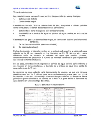 INSTALACIONES HIDRÁULICAS Y SANITARIAS EN EDIFICIOS
APUNTES G. B. P. M. 52 DE 120
Tipos de calentadores
Los calentadores de uso común para servicio de agua caliente, son de dos tipos.
1. Calentadores de leña
2. Calentadores de gas
Calentadores de leña.- En los calentadores de leña, adaptables a utilizad petróleo
como combustible, se tienen dos características particulares.
• Solamente se tiene de depósito o de almacenamiento.
• El diámetro de la entrada del agua fría y salida del agua caliente, es en todos de
13 mm.
Calentadores de gas.- Los calentadores de gas, se fabrican en sus dos presentaciones
conocidas.
1. De depósito (automáticos y semiautomáticos).
2. De paso (automáticos).
En los de depósito, el diámetro mínimo en la entrada del agua fría y salida del agua
caliente es de 19 mm, pasando por los diámetros de 25, 32, 38 mm, etc., cuyos
diámetros están de acuerdo al volumen de agua que pueden contener,
consecutivamente en proporción al número de muebles sanitarios al que se pretende
dar servicio en forma simultánea.
Los de paso, considerando el proporcionar servicio de agua caliente como máximo a
dos muebles en forma simultánea, el diámetro de la entrada de agua fría y salida de
agua caliente es de 19 mm.
La demanda de agua caliente varía directamente del usuario, ya que una persona
puede requerir solo de 3 minutos para tomar un baño en regadera, pero otro podrá
requerir de 15 minutos, con un mayor consumo de agua caliente, por lo que de forma
general se puede considerar los valores de la tabla 4.9, para definir la demanda de
agua caliente en función del tipo de edificio.
Tabla 4.9 DEMANDAS DE AGUA CALIENTE
 
