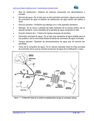 INSTALACIONES HIDRÁULICAS Y SANITARIAS EN EDIFICIOS
APUNTES G. B. P. M. 6 DE 120
 Red de distribución.- Sistema de tuberías compuesto por alimentadores y
ramales.
 Servicio de agua.- Es el tubo que va del suministro principal o alguna otra fuente
de suministro de agua al sistema de distribución de agua dentro del edificio o
casa.
 Servicio sanitario.- Ambiente que alberga uno o más aparatos sanitarios.
 Sifonaje.- Es la rotura o pérdida del sello hidráulico de la trampa (sifón), de un
aparato sanitario, como resultado de la pérdida de agua contenida en ella.
 Succión (tubería de.).- Tubería de ingreso al equipo de bombeo.
 Suministro principal de agua.- Es el tubo que transporta el agua potable para el
uso publico o de la comunidad desde la fuente de suministro de agua municipal.
 Tanque elevado.- Depósito de almacenamiento de agua que da servicio por
gravedad.
 Toma de la compañía de agua.- Es la válvula colocada sobre la línea principal
de suministro de la cual se conecta el servicio de agua de la edificación o casa.
 