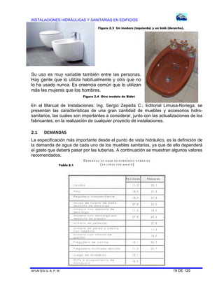 INSTALACIONES HIDRÁULICAS Y SANITARIAS EN EDIFICIOS
Figura 2.3 Un inodoro (izquierda) y un bidé (derecha).

Su uso es muy variable también entre las personas.
Hay gente que lo utiliza habitualmente y otra que no
lo ha usado nunca. Es creencia común que lo utilizan
más las mujeres que los hombres.
Figura 2.4 Otro modelo de Bidet

En el Manual de Instalaciones; Ing. Sergio Zepeda C.; Editorial Limusa-Noriega, se
presentan las características de una gran cantidad de muebles y accesorios hidrosanitarios, las cuales son importantes a considerar, junto con las actualizaciones de los
fabricantes, en la realización de cualquier proyecto de instalaciones.
2.1

DEMANDAS

La especificación más importante desde el punto de vista hidráulico, es la definición de
la demanda de agua de cada uno de los muebles sanitarios, ya que de ello dependerá
el gasto que deberá pasar por las tuberías. A continuación se muestran algunos valores
recomendados.
Tabla 2.1

APUNTES G. B. P. M.

19 DE 120

 