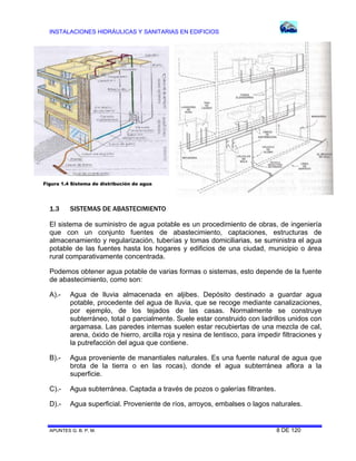 INSTALACIONES HIDRÁULICAS Y SANITARIAS EN EDIFICIOS

Figura 1.4 Sistema de distribución de agua

1.3

SISTEMAS DE ABASTECIMIENTO

El sistema de suministro de agua potable es un procedimiento de obras, de ingeniería
que con un conjunto fuentes de abastecimiento, captaciones, estructuras de
almacenamiento y regularización, tuberías y tomas domiciliarias, se suministra el agua
potable de las fuentes hasta los hogares y edificios de una ciudad, municipio o área
rural comparativamente concentrada.
Podemos obtener agua potable de varias formas o sistemas, esto depende de la fuente
de abastecimiento, como son:
A).-

Agua de lluvia almacenada en aljibes. Depósito destinado a guardar agua
potable, procedente del agua de lluvia, que se recoge mediante canalizaciones,
por ejemplo, de los tejados de las casas. Normalmente se construye
subterráneo, total o parcialmente. Suele estar construido con ladrillos unidos con
argamasa. Las paredes internas suelen estar recubiertas de una mezcla de cal,
arena, óxido de hierro, arcilla roja y resina de lentisco, para impedir filtraciones y
la putrefacción del agua que contiene.

B).-

Agua proveniente de manantiales naturales. Es una fuente natural de agua que
brota de la tierra o en las rocas), donde el agua subterránea aflora a la
superficie.

C).-

Agua subterránea. Captada a través de pozos o galerías filtrantes.

D).-

Agua superficial. Proveniente de ríos, arroyos, embalses o lagos naturales.

APUNTES G. B. P. M.

8 DE 120

 