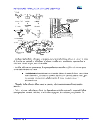 INSTALACIONES HIDRÁULICAS Y SANITARIAS EN EDIFICIOS

- En el caso de los botes sifónicos, no es aconsejable la instalación de sifones en serie, y el ramal
de desagüe que va desde el sifón hasta la bajante, no debe tener un diámetro superior al de la
tubería de entrada mayor, para evitar ruidos.
- No debe utilizarse en aparatos que desaguan por bomba, como lavavajillas o lavadoras, para
evitar rebosamientos del sifón.


Las bajantes deben diseñarse de forma que conserven su verticalidad y sección en
todo su recorrido, evitando los cambios de dirección y tramos en horizontal, para
no provocar obstrucciones y la formación de zonas con depresiones y
sobrepresiones.

- Alrededor de las tuberías deben preverse espacios suficientes para su posible reparación
posterior.
- Deberá sujetarse cada tubo, mediante las abrazaderas que existen para ello, no permitiéndose
como podemos observar en la foto la utilización de pegotes de cemento o yeso para este fin.

APUNTES G. B. P. M.

98 DE 120

 