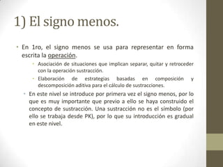 1) El signo menos.
• En 1ro, el signo menos se usa para representar en forma
  escrita la operación.
     • Asociación de situaciones que implican separar, quitar y retroceder
       con la operación sustracción.
     • Elaboración de estrategias basadas en composición y
       descomposición aditiva para el cálculo de sustracciones.
  • En este nivel se introduce por primera vez el signo menos, por lo
    que es muy importante que previo a ello se haya construido el
    concepto de sustracción. Una sustracción no es el símbolo (por
    ello se trabaja desde PK), por lo que su introducción es gradual
    en este nivel.
 