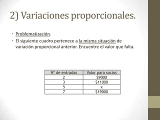 2) Variaciones proporcionales.
• Problematización.
• El siguiente cuadro pertenece a la misma situación de
  variación proporcional anterior. Encuentre el valor que falta.




                    Nº de entradas     Valor para socios
                           2                 $9000
                           3                $11000
                           5                   x
                           7                $19000
 