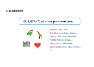 5. El sustantivo.
El SUSTANTIVO sirve para nombrar:
. Personas: niño, Juan…
. Animales: perro, búho, Gaspar…
. Objetos: libro, llave, ordenador…
. Plantas: helecho, drago…
. Ideas: justicia, solidaridad…
. Sentimientos: amor, odio, amistad…
. Etc.
 