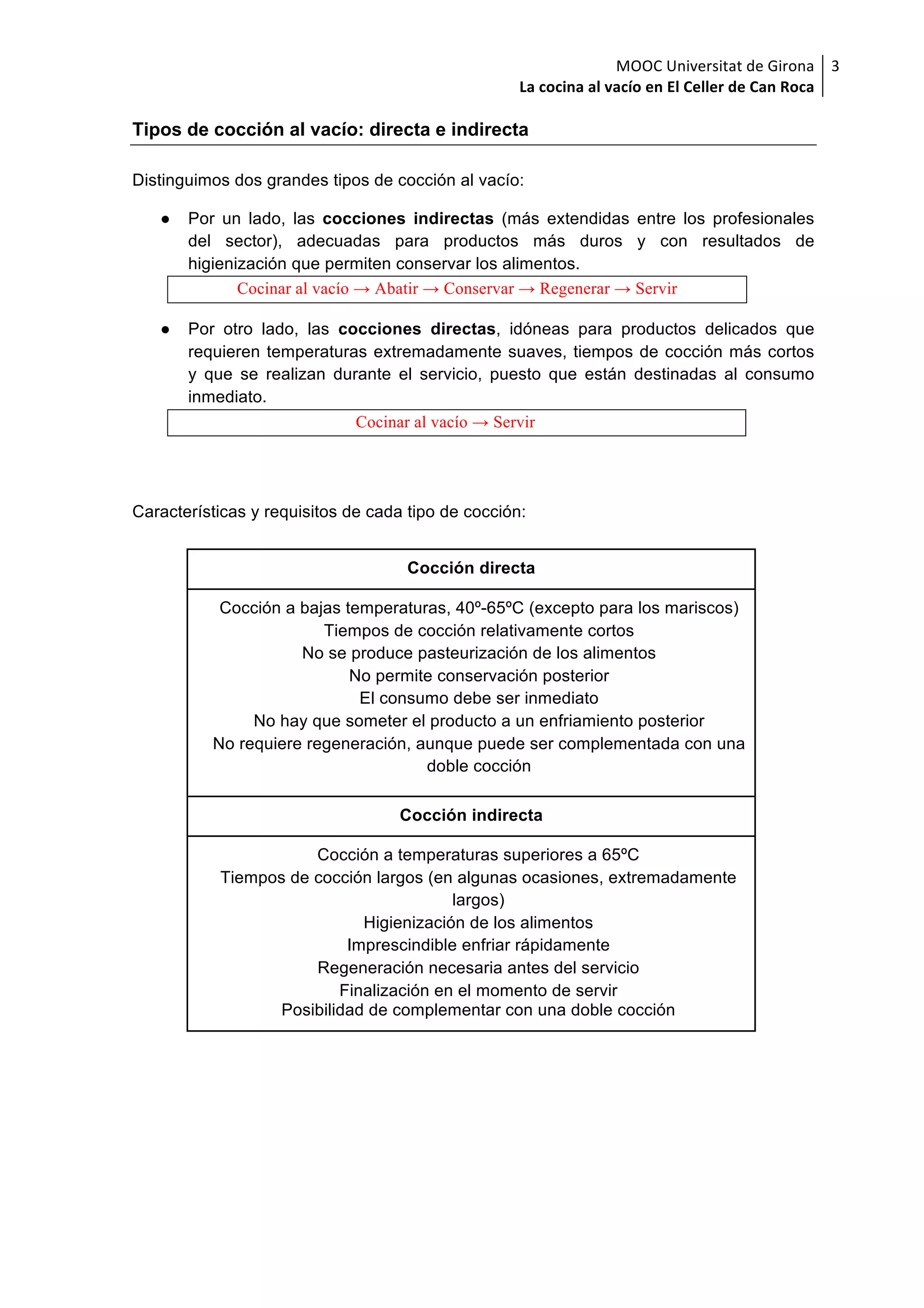 MOOC	Universitat	de	Girona	
La	cocina	al	vacío	en	El	Celler	de	Can	Roca	
3	
Tipos de cocción al vacío: directa e indirecta
Distinguimos dos grandes tipos de cocción al vacío:
● Por un lado, las cocciones indirectas (más extendidas entre los profesionales
del sector), adecuadas para productos más duros y con resultados de
higienización que permiten conservar los alimentos.
Cocinar al vacío → Abatir → Conservar → Regenerar → Servir
● Por otro lado, las cocciones directas, idóneas para productos delicados que
requieren temperaturas extremadamente suaves, tiempos de cocción más cortos
y que se realizan durante el servicio, puesto que están destinadas al consumo
inmediato.
Cocinar al vacío → Servir
Características y requisitos de cada tipo de cocción:
Cocción directa
Cocción a bajas temperaturas, 40º-65ºC (excepto para los mariscos)
Tiempos de cocción relativamente cortos
No se produce pasteurización de los alimentos
No permite conservación posterior
El consumo debe ser inmediato
No hay que someter el producto a un enfriamiento posterior
No requiere regeneración, aunque puede ser complementada con una
doble cocción
Cocción indirecta
Cocción a temperaturas superiores a 65ºC
Tiempos de cocción largos (en algunas ocasiones, extremadamente
largos)
Higienización de los alimentos
Imprescindible enfriar rápidamente
Regeneración necesaria antes del servicio
Finalización en el momento de servir
Posibilidad de complementar con una doble cocción
 