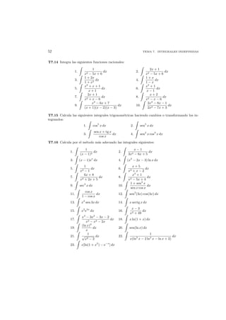 52 TEMA 7. INTEGRALES INDEFINIDAS
T7.14 Integra las siguientes funciones racionales:
1.
1
x2 − 5x + 6
dx 2.
2x + 1
x2 − 5x + 6
dx
3.
1 + 2x
1 + x2
dx 4.
1 + x
1 − x
dx
5.
x2
+ x + 1
x + 1
dx 6.
x2
+ 1
x − 1
dx
7.
2x + 1
x2 + x − 6
dx 8.
x + 2
x2 − x − 6
dx
9.
x2
− 6x + 7
(x + 1)(x − 2)(x − 3)
dx 10.
2x2
− 8x − 1
2x2 − 7x + 3
dx
T7.15 Calcula las siguientes integrales trigonom´etricas haciendo cambios o transformando los in-
tegrandos:
1. cos5
x dx 2. sen5
x dx
3.
sen x + tg x
cos x
dx 4. sen2
x cos3
x dx
T7.16 Calcula por el m´etodo m´as adecuado las integrales siguientes:
1.
1
(x − 1)2
dx 2.
x − 1
3x2 − 6x + 5
dx
3. (x − 1)ex
dx 4. (x2
− 2x − 3) ln x dx
5.
1
x2 − 1
dx 6.
x + 5
x2 + x − 2
dx
7.
6x + 8
x2 + 2x + 5
dx 8.
x3
+ 1
x2 − 5x + 4
dx
9. sec3
x dx 10.
1 + sen2
x
sen x cos x
dx
11.
cos x
1 − cos x
dx 12. sen2
(3x) cos(3x) dx
13. x2
sen 3x dx 14. x arctg x dx
15. x2
e3x
dx 16.
x − 3
x2 + 49
dx
17.
x4
− 3x2
− 3x − 2
x3 − x2 − 2x
dx 18. x ln(1 + x) dx
19.
(ln x)3
x
dx 20. sen(ln x) dx
21.
1
√
x2 − 2
dx 22.
1
x(ln3
x − 2 ln2
x − ln x + 2)
dx
23. x[ln(1 + x2
) − e−x
] dx
 