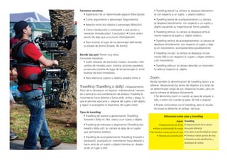 Funciones narrativas:
• Exploración de un determinado espacio (Descriptiva)
• Como seguimiento a personajes (Seguimiento)
• Relación entre dos objetos o personajes (Relación)
• Como introducción o conclusión a una acción o
narración (Introducción/ Conclusión) • Como antici-
pación de algo que va a ocurrir (Anticipación)
• Para mostrar el lugar de los personajes definiendo
su estado de ánimo (Estado de ánimo)
Barrido (zip pan): Paneo muy veloz.
Funciones narrativas:
• Suele utilizarse de transición (mareo, recuerdo, inter-
cambio de miradas, para mostrar acciones paralelas),
ya sea para cambio de lugar de los personajes o entre
escenas de total inmediatez.
• Para relacionar sujetos u objetos aislados entre sí.
Travelling (Travelling o dolly): Desplazamiento
físico de la cámara en un espacio tridimensional, horizon-
tal o vertical (o una combinación de ambos). Posibilita el
movimiento hacia delante o hacia atrás, arriba o abajo, lo
que le permite acercarse o alejarse del sujeto o del objeto,
y seguir o acompañar la trayectoria del sujeto móvil.
Tipos de travelling:
• Travelling de avance o aproximación (Travelling
forward o dolly in): Nos acerca a un sujeto u objeto.
• Travelling de retroceso o alejamiento (Travelling bac-
kward o dolly out): la cámara se aleja de un sujeto
que permanece estático.
• Travelling de acompañamiento (Travelling forward o
backward): acompaña el movimiento hacia delante o
hacia atrás de un sujeto u objeto mientras se despla-
za de un lugar a otro.
• Travelling lateral: La cámara se desplaza lateralmen-
te con respecto a un sujeto u objeto estático.
• Travelling lateral de acompañamiento: La cámara
se desplaza lateralmente con respecto a un sujeto u
objeto siguiendo su trayectoria de forma paralela.
• Travelling vertical: la cámara se desplaza vertical-
mente respecto al sujeto u objeto estático.
• Travelling vertical de acompañamiento: la cámara se
desplaza verticalmente con respecto al sujeto u obje-
to en movimiento, acompañándolo paralelamente.
• Travelling circular: la cámara se desplaza circular-
mente 360 o con respecto al sujeto u objeto estático
o en movimiento.
• Travelling oblicuo: la cámara describe un movimien-
to oblicuo respecto al objeto.
Zoom
Recibe también la denominación de travelling óptico y se
obtiene desplazando las lentes del objetivo a lo largo de
un determinado rango de sus distancias focales, pero sin
que la cámara se desplace físicamente.
• Se denomina zoom in cuando se pasa de angular a
tele, y zoom out cuando se pasa de tele a angular.
• Puede confundirse con el travelling, pero el resulta-
do visual es diferente en ambas técnicas.
Zoom/
• Desplazamiento de lentes
• Altera la profundidad de campo
• No introduce nuevos puntos de vista
• Necesita poca planificación
Travelling
• Desplazamiento de la cámara
(encuadre diferente)
• No altera la profundidad de campo
• Introduce nuevos puntos de vista
• Necesita mucha planificación y
despliegue de medios
Diferencias entre zoon y travelling
 