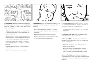 Los planos medios (PM) que cortan al sujeto por encima
de la rodilla, las caderas o el pecho, se llaman largos (PML)
cuanto más se acercan a la rodilla y cortos (PMC) cuanto
más se acercan al pecho.
• Estos planos permiten apreciar con mayor claridad
la expresión del personaje aunque conservando una
distancia respetuosa.
• El plano medio largo permite observar la actuación
de brazos y manos, mientras que el plano medio cor-
to nos adentra en la expresión facial del personaje.
• Transmite: Iniciación de un diálogo. Información
cercana sobre el contorno y el lugar de la acción del
personaje.
• Denota: Transición. Relación, intercomunicación.
Acción humana.
• Uso: Mostrar las relaciones entre personajes.
El primer plano (PP) corta por los hombros y nos sitúa a una
distancia de intimidad con el personaje, le vemos solamen-
te el rostro.
• Es el plano expresivo por excelencia y nos permi-
te acceder con gran eficacia al estado emotivo del
personaje.
• Transmite: Información intimista, psicológica.
• Denota: Intimidad, expectación, vida interior, deta-
lle, cercanía. Profundización psicológica.
El gran primer plano (GPP) encuadra una parte del rostro
que recoge la expresión de ojos y boca. La expresión de
un rostro viene dada por la boca y la mirada.
• Éste es el plano más concreto, en el que se contiene
la expresión. 	
El primerísimo primer plano (PPP) encuadra tan sólo un
detalle del rostro: los ojos, los labios, etc.
El plano detalle (PD) es un primer plano de una parte
del sujeto diferente al rostro. La mano con un cigarro, la
corbata, un anillo, etc.
• Transmite: Importancia de un objeto, persona, ex-
presión. Denota: Tensión.
• Uso: Para enfatizar convenientemente un punto
crítico de una acción dramática. Para revelar de modo
claro o acentuado, caracteres, intenciones actitudes.
Plano en profundidad, cuando el director coloca a los
actores entre sí sobre el eje óptico de la cámara dejando a
unos en primer plano y a otros en plano general o plano
americano.	 	
 