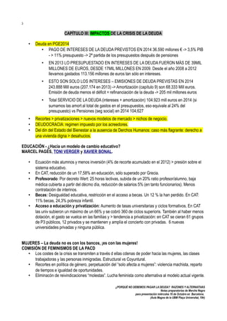 3

CAPÍTULO III: IMPACTOS DE LA CRISIS DE LA DEUDA
•

Deuda en PGE2014
• PAGO DE INTERESES DE LA DEUDA PREVISTOS EN 2014 36.590 millones € -> 3,5% PIB
- > 11% presupuesto -> 2ª partida de los presupuestos después de pensiones
•

•

ESTO SON SOLO LOS INTERESES – EMISIONES DE DEUDA PREVISTAS EN 2014
243.888 Mill euros (207.174 en 2013) -> Amortización (capítulo 9) son 68.333 Mill euros.
Emisión de deuda menos el déficit = refinanciación de la deuda -> 205 mil millones euros

•

•
•
•

EN 2013 LO PRESUPUESTADO EN INTERESES DE LA DEUDA FUERON MÁS DE 39MIL
MILLONES DE EUROS, DESDE 17MIL MILLONES EN 2009. Desde el año 2008 a 2012
llevamos gastados 113.156 millones de euros tan sólo en intereses.

Total SERVICIO DE LA DEUDA (intereses + amortización) 104.923 mill euros en 2014 (si
sumamos las amort al total de gastos en el presupuestos, eso equivale al 24% del
presupuesto) vs Pensiones (seg social) en 2014 104,627

Recortes > privatizaciones > nuevos modelos de mercado > nichos de negocio.
DEUDOCRACIA: regimen impuesto por los acreedores.
Del din del Estado del Bienestar a la ausencia de Derchos Humanos: caso más flagrante: derecho a
una vivienda digna > desahucios.

EDUCACIÓN - ¿Hacia un modelo de cambio educativo?
MARCEL PAGÉS, TONI VERGER y XAVIER BONAL.
•
•
•
•
•

Ecuación más alumnos y menos inversión (4% de recorte acumulado en el 2012) > presión sobre el
sistema educativo.
En CAT, reducción de un 17,58% en educación, sólo superado por Grecia.
Profesorado: Por decreto Wert: 25 horas lectivas, subida de un 20% ratio profesor/alumno, baja
médica cubierta a partir del décmo día, reducción de salarios 5% (en tanto funcionarios). Menos
contratación de interinos.
Becas: Desigualdad educativa, restricción en el acceso a becas. Un 12 % la han perdido. En CAT:
11% becas, 24,3% pobreza infantil.
Acceso a educación y privatización: Aumento de tasas universitarias y ciclos formativos. En CAT
las univ subieron un máximo de un 66% y se cobró 360 de ciclos superioris. También al haber menos
dotación, el gasto se vuelca en las familias y > tendencia a privatización: en CAT se cieran 61 grupos
de P3 públicos, 12 privados y se mantienen y amplía el concierto con privadas. 6 nuevas
universidades privadas y ninguna pública.

MUJERES – La deuda no es con los bancos, ¡es con las mujeres!
COMISIÓN DE FEMINISMOS DE LA PACD
• Los costes de la crisis se transmiten a través d ellas cdenas de poder hacia las mujeres, las clases
trabajadoras y las personas inmigradas. Estructural vs Coyuntural.
• Recortes en política de género, perpetuación del “solo afecta a mujeres”: violencia machista, reparto
de tiempos e igualdad de oportunidades.
• Eliminacón de reivindicaciones “molestas”. Lucha feminista como alternativa al modelo actual vigente.
¿PORQUÉ NO DEBEMOS PAGAR LA DEUDA? RAZONES Y ALTERNATIVAS
Notas preparatorias de Merche Negro
para presentación miércoles 16 de Octubre en Barcelona.
(Aula Magna de la UBM Plaça Universitat, 19h)

 