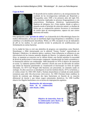 Apuntes de Análisis Biológicos (2009) “Microbiología” Dr. José Luis Peña Manjarrez


Cajas de Petri
                            El desarrollo de los medios selectivos y de enriquecimiento fue
                            resultado de las investigaciones realizadas por Beijerinck y
                            Winogradsky entre 1888 y los primeros años del siglo XX,
                            sobre bacterias implicadas en procesos biogeoquímicos y con
                            características fisiológicas distintivas (quimioautótrofas,
                            fijadoras de nitrógeno, etc.). Estos medios, donde se aplica a
                            pequeña escala el principio de selección natural, se diseñan de
                            forma que su composición química favorezca el crecimiento
                            de ciertos tipos de microorganismos, capaces de usar ciertos
                            nutrientes del medio.

Otra aportación a este “período de cultivo” en el desarrollo de la Microbiología fueron los
medios diferenciales, en los que se manifiesta algún rasgo bioquímico o metabólico, lo que
contribuye a la identificación microbiana. Würtz, en 1892, incorporó el uso de indicadores
de pH en los medios, lo cual permitía revelar la producción de acidificaciones por
fermentación en ciertas bacterias.

En la ciudad de Jena se creó una atmósfera de progreso con naturalistas como Haeckel,
Strassburger o Abbé interactuando con la editorial “Gustav Fischer” especializada en
Biología y Medicina y la industria óptica y química. Estas influencias se reflejaron en una
efervescencia de las ciencias naturales después de Darwin. La industria óptica de Abbé y
Zeiss, se mantenía en conexión con la vidriera Schott, esto facilitó satisfacer la necesidad
de Koch de perfeccionar el microscopio compuesto, introduciendo las lentes acromáticas y
la iluminación inferior con condensador. Abbé desarrolló en 1878 el objetivo de inmersión
en aceite. La industria química BASF, sumistró a Koch una serie de derivados de anilina
que teñían las bacterias permitiendo su visualización al microscopio en frotis de tejidos
infectados. En 1875 Carl Weigert tiñó bacterias con pirocarmín, un colorante usado en
zoología. En años sucesivos se introdujeron el azul de metileno (Koch, 1877), la fuchsina, y
el violeta cristal. En 1882-1883 Ziehl y Neelsen desarrollaron el método de ácido-alcohol
resistencia para teñir Mycobacterium tuberculosis. En 1884 Christian Gram establece la
tinción de contraste que distingue dos tipos bacterianos en función de su reacción
diferencial de tinción y que tienen rasgos estructurales distintivos. En 1890 Loeffler
observó los flagelos bacterianos con su técnica de impregnación argéntica.
                       Iluminación del microscopio,
                       fruto de la colaboración
                       entre Koch y Abbe. 




                                   Objetivo de inmersión, fruto de
                                   la colaboración entre Koch y la
                                   Industria óptica Carl Zeiss.



                                                                                          8 
 
 