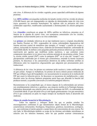 Apuntes de Análisis Biológicos (2009) “Microbiología” Dr. José Luis Peña Manjarrez


este virus. A diferencia de los viroides vegetales, posee capacidad codificadora de algunas
proteínas.

Los ARNs satélites son pequeñas moléculas de tamaño similar al de los viroides de plantas
(330-400 bases), que son empaquetados en cápsidas de determinadas cepas de virus (con
cuyos genomios no muestran homologías). Se replican sólo en presencia del virus
colaborador específico, modificando (aumentando o disminuyendo) los efectos patógenos
de éste.

Los virusoides constituyen un grupo de ARNs satélites no infectivos, presentes en el
interior de la cápsida de ciertos virus, con semejanzas estructurales con los viroides,
replicándose exclusivamente junto a su virus colaborador.

Los priones son entidades infectivas de un tipo totalmente nuevo y original, descubiertas
por Stanley Prusiner en 1981, responsables de ciertas enfermedades degenerativas del
sistema nervioso central de mamíferos (por ejemplo, el “scrapie” o prurito de ovejas y
cabras), incluyendo los humanos (kuru, síndrome de Gerstmann-Straüssler, enfermedad de
Creutzfeldt-Jakob). Se definen como pequeñas partículas proteicas infectivas que resisten la
inactivación por agentes que modifican ácidos nucleicos, y que contienen como
componente mayoritario (si no único) una isoforma anómala de una proteina celular. Tanto
la versión celular normal (PrPC) como la patógena (PrPSc en el caso del “scrapie”) son
glicoproteínas codificadas por el mismo gen cromosómico, teniendo la misma secuencia
primaria. Se desconoce si las características distintivas de ambas isoformas estriban en
diferencias entre los respectivos oligosacáridos que adquieren por procesamiento post-
traduccional.

A diferencia de los virus, los priones no contienen ácido nucleico y están codificados por
un gen celular. Aunque se multiplican, los priones de nueva síntesis poseen moléculas de
PrP que reflejan el gen del hospedador y no necesariamente la secuencia de la molécula del
PrP que causó la infección previa. Se desconoce su mecanismo de multiplicación, y para
discernir entre las diversas hipótesis propuestas quizá haya que dilucidar la función del
producto normal y su posible conversión a la isoforma patógena infectiva.

Recientemente se ha comprobado que, al menos algunas de la enfermedades por priones
son simultáneamente infectivas y genéticas, una situación insólita en la Patología humana,
habiéndose demostrado una relación entre un alelo dominante del PrP y la enfermedad de
Creutzfeldt-Jakob. El gen del prión (Prn-p) está ligado genéticamente a un gen autosómico
(Prn-i) que condiciona en parte los largos tiempos de incubación hasta el desarrollo del
síndrome.

Objeto de estudio formal de la Microbiolog{ia
        Todos los aspectos y enfoques desde los que se pueden estudiar los
microorganismos conforman lo que denominamos objeto formal de la Microbiología:
características estructurales, fisiológicas, bioquímicas, genéticas, taxonómicas, ecológicas,
etc., que conforman el núcleo general o cuerpo básico de conocimientos de esta ciencia. Por
otro lado, la Microbiología también se ocupa de las distintas actividades microbianas en
relación con los intereses humanos, tanto las que pueden acarrear consecuencias
                                                                                          28 
 
 
