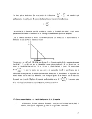 EF 
Q F = 
1 , de manera que 
Por otra parte aplicando las relaciones de triángulos, Q 
EC 
1 
gráficamente el coeficiente de elasticidad en el punto E es aproximadamente. 
h = EF 
EC 
La medida de la formula anterior es exacta cuando la demanda es lineal, y una buena 
aproximación cuando la demanda no es lineal y el cambio en el precio es pequeño. 
Con la fórmula anterior se puede fácilmente calcular los tramos de la elasticidad de la 
demanda en una curva de demanda lineal. 
Gráfica 2 
De acuerdo a la gráfica 2 DE=ED´, por lo que E es el punto medio de la curva de demanda 
lineal DD¨. El coeficiente de la elasticidad en ese punto es igual a 1, por lo que en ese 
punto la elasticidad es unitaria. Si se calcula la elasticidad en el punto E1, tendríamos 
E D ´ 
h = ( 
1 
) 
DE 
>1, por lo tanto, en una curva de demanda lineal el coeficiente de la 
1 
elasticidad es mayor que la unidad en cualquier punto que se encuentre a la izquierda del 
punto medio de la curva de demanda. Par cualquier punto a la derecha de la curva de 
demanda por ejemplo E2 el coeficiente de la elasticidad sería ) 
E D ´ 
h = ( 
<1, en esta parte 
2 
2 
DE 
de la curva de demanda la elasticidad en un punto es inelástica. 
1.3.-Teoremas referidos a la elasticidad precio de la demanda 
1. La elasticidad de una curva de demanda rectilínea decreciente varía entre el 
infinito, en el eje de los precios, y cero, en el eje de las cantidades. 
21 
E 
D 
D´ 
P 
Q 
E1 
E2 
 