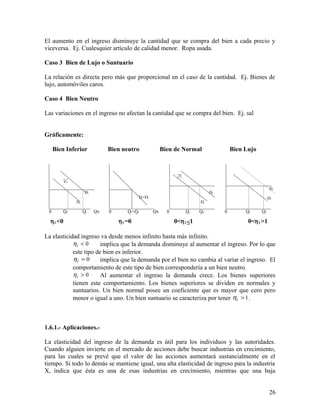 El aumento en el ingreso disminuye la cantidad que se compra del bien a cada precio y 
viceversa. Ej. Cualesquier artículo de calidad menor. Ropa usada. 
Caso 3 Bien de Lujo o Suntuario 
La relación es directa pero más que proporcional en el caso de la cantidad. Ej. Bienes de 
lujo, automóviles caros. 
Caso 4 Bien Neutro 
Las variaciones en el ingreso no afectan la cantidad que se compra del bien. Ej. sal 
Gráficamente: 
Bien Inferior Bien neutro Bien de Normal Bien Lujo 
Di 
Df 
Di 
Df 
Di=Df 
Df Di 
hI <0 hI =0 0<hI ≤1 0<hI >1 
La elasticidad ingreso va desde menos infinito hasta más infinito. 
< 0 I h 
implica que la demanda disminuye al aumentar el ingreso. Por lo que 
este tipo de bien es inferior. 
= 0 I h 
implica que la demanda por el bien no cambia al variar el ingreso. El 
comportamiento de este tipo de bien correspondería a un bien neutro. 
> 0 I h 
Al aumentar el ingreso la demanda crece. Los bienes superiores 
I tienen este h 
comportamiento. Los bienes superiores se dividen en normales y 
suntuarios. Un bien normal posee un coeficiente que es mayor que cero pero 
menor o igual a uno. Un bien suntuario se caracteriza por tener >1 . 
1.6.1.- Aplicaciones.- 
La elasticidad del ingreso de la demanda es útil para los individuos y las autoridades. 
Cuando alguien invierte en el mercado de acciones debe buscar industrias en crecimiento, 
para las cuales se prevé que el valor de las acciones aumentará sustancialmente en el 
tiempo. Si todo lo demás se mantiene igual, una alta elasticidad de ingreso para la industria 
X, indica que ésta es una de esas industrias en crecimiento, mientras que una baja 
26 
0 Qf Qi Qx 0 Qi=Qf Qx 0 Qi Qf 0 Qi Qf 
 