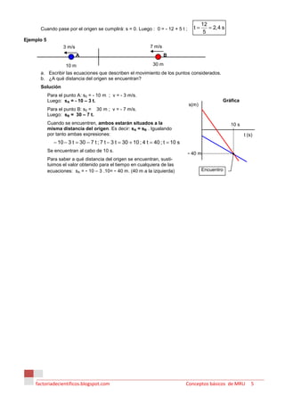 12
      Cuando pase por el origen se cumplirá: s = 0. Luego : 0 = - 12 + 5 t ;          t=      = 2, 4 s
                                                                                            5
Ejemplo 5
                   3 m/s                                        7 m/s
                           A                                            B

                     10 m                                         30 m
      a. Escribir las ecuaciones que describen el movimiento de los puntos considerados.
      b. ¿A qué distancia del origen se encuentran?
      Solución
            Para el punto A: s0 = - 10 m ; v = - 3 m/s.
            Luego: sA = - 10 – 3 t.                                                                  Gráfica
                                                                                    s(m)
            Para el punto B: s0 = 30 m ; v = - 7 m/s.
            Luego: sB = 30 – 7 t.
            Cuando se encuentren, ambos estarán situados a la                                            10 s
            misma distancia del origen. Es decir: sA = sB . Igualando
            por tanto ambas expresiones:                                                                        t (s)
               − 10 − 3 t = 30 − 7 t ; 7 t − 3 t = 30 + 10 ; 4 t = 40 ; t = 10 s
            Se encuentran al cabo de 10 s.
                                                                                   - 40 m
            Para saber a qué distancia del origen se encuentran, susti-
            tuimos el valor obtenido para el tiempo en cualquiera de las
            ecuaciones: sA = - 10 – 3 .10= - 40 m. (40 m a la izquierda)                   Encuentro




    factoriadecientificos.blogspot.com                                             Conceptos básicos de MRU         5
 
