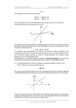 CATEDRA DE ESTRUCTURAS IV FACULTAD DE INGENIERIA ˘ U.N.L.P.
11 − www.ing.unlp.edu.ar/constr/estructuras4.htm
U = 0
Por ejemplo un sistema de dos incógnitas
K11 U1 + K12 U2 = 0
K21 U1 + K22 U2 = 0
En forma gráfica cada ecuación representa una recta que pasan por el origen y la
solución del sistema de ecuaciones es U1 y U2.
U1
U2
En esta particular estructura donde los desplazamientos nodales U son nulos, los esfuerzos
de flexión y corte necesariamente son nulos quedando, por razones de equilibrio, solo el
esfuerzo axil distinto de cero.
N ≠≠≠≠0 Q = 0 M = 0
La estructura solo está sometida a un conjunto de esfuerzos axiles, que podrán ser de
compresión o tracción. Si además las cargas exteriores crecen en forma proporcional, al
ser la solución siempre aquella que anula los desplazamientos, los esfuerzos axiles
también crecen en forma proporcional.
Esta estructura y su estado de carga se denominan “Sistemas perfectos”, por requerir en
la ubicación de las cargas una precisión que incluso supera las posibilidades reales.
2. Si el determinante de la matriz de rigidez de segundo orden K” es igual a cero
existen infinitas soluciones distintas de cero.
DK”=0
En este caso en el ejemplo anterior de las dos incógnitas, las dos recta coinciden, dado que
la nulidad del determinante indica que existe una combinación lineal entre las ecuaciones.
U1
U2
Si en este sistema damos un valor arbitrario a U1 podemos obtenemos U2, y en general en
cualquier sistema como este si damos un valor a una incógnita obtenemos las restantes
resolviendo un sistema de ecuaciones de un grado menor.
 