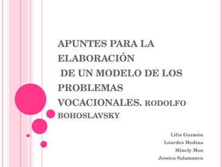 APUNTES PARA LA ELABORACIÓN  DE UN MODELO DE LOS PROBLEMAS VOCACIONALES.  RODOLFO BOHOSLAVSKY Lilia Guzmán Lourdes Medina Minely Moo Jessica Salamanca 