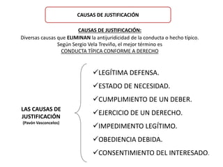 CAUSAS DE JUSTIFICACIÓN 
LEGÍTIMA DEFENSA. 
ESTADO DE NECESIDAD. 
CUMPLIMIENTO DE UN DEBER. 
EJERCICIO DE UN DERECHO. 
IMPEDIMENTO LEGÍTIMO. 
OBEDIENCIA DEBIDA. 
CONSENTIMIENTO DEL INTERESADO. 
LAS CAUSAS DE 
JUSTIFICACIÓN 
(Pavón Vasconcelos) 
CAUSAS DE JUSTIFICACIÓN: 
Diversas causas que ELIMINAN la antijuridicidad de la conducta o hecho típico. 
Según Sergio Vela Treviño, el mejor término es 
CONDUCTA TÍPICA CONFORME A DERECHO 
 