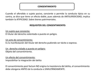 CONSENTIMIENTO 
Cuando el ofendido o sujeto pasivo, consiente o permite la conducta típica en su 
contra, se dice que tiene un efecto doble, pues además de ANTIJURIDICIDAD, implica 
también la ATIPICIDAD. Sobre bienes patrimoniales. 
REQUISITOS DEL CONSENTIMIENTO: 
Un sujeto que consienta: 
El titular del derecho violentado o puesto en peligro. 
Un acto de consentimiento: 
Es la manifestación del titular del derecho pudiendo ser tácito o expreso. 
Un derecho violado o puesto en peligro: 
Objeto del consentimiento. 
Un efecto del consentimiento: 
Imposibilitar la integración del delito 
El consentimiento post factum NO origina la inexistencia del delito, el consentimiento 
debe otorgarse ANTES de la conducta o SIMULTÁNEAMENTE. 
 