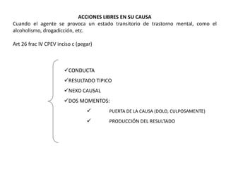 ACCIONES LIBRES EN SU CAUSA 
Cuando el agente se provoca un estado transitorio de trastorno mental, como el 
alcoholismo, drogadicción, etc. 
Art 26 frac IV CPEV inciso c (pegar) 
CONDUCTA 
RESULTADO TIPICO 
NEXO CAUSAL 
DOS MOMENTOS: 
 PUERTA DE LA CAUSA (DOLO, CULPOSAMENTE) 
 PRODUCCIÓN DEL RESULTADO 
 