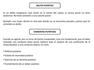 DELITO PUTATIVO 
Es un delito imaginario, solo existe en la mente del sujeto, la norma penal no tiene 
existencia. No tiene conexión a una sanción penal. 
Ejemplo: una mujer aborta en otro país donde no se encuentra penado y piensa que ha 
cometido un delito 
EXIMENTES PUTATIVAS 
Cuando un agente, por un error de hecho insuperable, cree con fundamento ,que al haber 
realizado una conducta típica penal, hallarse bajo el amparo de una justificante de la 
antijuridicidad, o una conducta atípica, sin serlo. 
Defensa putativa 
Estado de necesidad putativo 
Ejercicio de un derecho putativo 
Cumplimiento de un deber putativo 
 