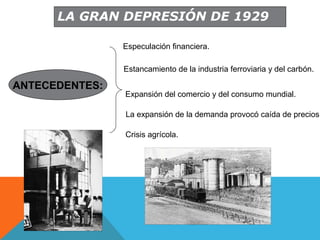 LA GRAN DEPRESIÓN DE 1929
Especulación financiera.
Estancamiento de la industria ferroviaria y del carbón.
Expansión del comercio y del consumo mundial.
La expansión de la demanda provocó caída de precios.
Crisis agrícola.
ANTECEDENTES:
 
