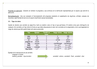 16
Programa en operación.- Consiste en instalar el programa y sus archivos en la institución representada por el usuario que solicitó la
aplicación.
Retroalimentación.- Una vez evaluado el funcionamiento del programa mediante el cumplimento de objetivos, utilidad, consumo de
recursos y oportunidad de servicio el usuario manifiesta nuevas necesidades.
13.- Tipos de datos
Cuando se declara una variable se especifica tanto su nombre como el tipo al que pertenece. El nombre sirve para distinguirla de
cualquier otra variable y el tipo indica la forma en que debe almacenarse el valor de la variable en la computadora, de la cual dependerá el
rango de valores que ésta podrá tomar así como su precisión.
Ejemplo de la declaración de una variable:
Lenguaje in formal
nombre_variable : <tipo de dato> variable1 : entero , variable2 : float , variable3 : char
 