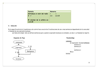 25
2.- Selección
Es la especificación de la transferencia de control hacia una de las 2 localizaciones de una o mas sentencias dependiendo de la veracidad
o falsedad de una expresión booleana
a). Selección simple: Solo se definen sentencias para cuando la expresión booleana es verdadera, es decir, su falsedad no importa
Diagrama de flujo Pseudocódigo
comienza
si (expresión= Verdad) entonces
sentencia 1
sentencia 2
…
sentencia n
fin si
termina
 