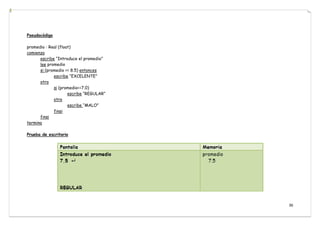 36
Pseudocódigo
promedio : Real (float)
comienza
escribe “Introduce el promedio”
lee promedio
si (promedio >= 8.5) entonces
escribe “EXCELENTE”
otro
si (promedio<=7.0)
escribe “REGULAR”
otro
escribe “MALO”
finsi
finsi
termina
Prueba de escritorio
 