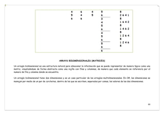 69
ARRAYS BIDIMENSIONALES (MATRICES)
Un arreglo bidimensional es una estructura natural para almacenar la información que se puede representar de manera lógica como una
matriz, visualizándose de forma abstracta como una rejilla con filas y columnas, de manera que cada elemento se referencía por el
numero de fila y columna donde se encuentra.
Un arreglo bidimensional tiene dos dimensiones y es un caso particular de los arreglos multidimensionales. En C#, las dimensiones se
manejan por medio de un par de corchetes, dentro de los que se escriben, separados por comas, los valores de las dos dimensiones.
 