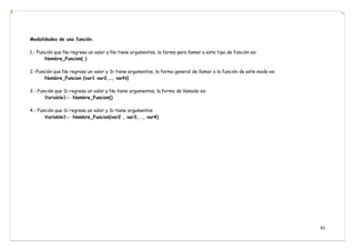 81
Modalidades de una función.
1.- Función que No regresa un valor y No tiene argumentos, la forma para llamar a este tipo de función es:
Nombre_Funcion( )
2.-Función que No regresa un valor y Si tiene argumentos, la forma general de llamar a la función de este modo es:
Nombre_Funcion (var1 var2,…, varN)
3.- Función que Si regresa un valor y No tiene argumentos, la forma de llamada es:
Variable1← Nombre_Funcion()
4.- Función que Si regresa un valor y Si tiene argumentos
Variable1← Nombre_Funcion(var2 , var3,.., var4)
 