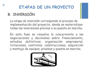 + ETAPAS DE UN PROYECTO
B. INVERSIÓN
La etapa de inversión corresponde al proceso de
implementación del proyecto, donde se materializan
todas las inversiones previas a su puesta en marcha.
En esta fase se resuelve lo concerniente a las
negociaciones y decisiones sobre financiamiento,
estudios definitivos, organización empresarial,
licitaciones, contratos, construcciones, adquisición
y montaje de equipos, pruebas y puesta en marcha.
 