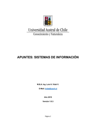 Página 1
APUNTES: SISTEMAS DE INFORMACIÓN
M.B.A. Ing. Luis H. Vidal V.
E-Mail: lvidal@uach.cl
Año 2019
Versión 1.0.3
 