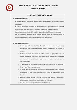INSTITUCIÓN EDUCATIVA TÉCNICA JOHN F. KENNEDY
ANÁLISIS INTERNO
PROCESO 5: GOBIERNO ESCOLAR
1. CONSEJO DIRECTIVO
- El gobierno escolar si existe en la institución y se conforma de acuerdo a las normas
estipuladas.
- El Consejo Directivo si desarrolla un cronograma y una agenda de trabajo, pero ésta
no se cumple, pues se convoca a reuniones cuando hay una eventualidad.
- No se lleva el seguimiento de la gestión para mejorar las falencias presentadas.
- Las decisiones que se toman en el Consejo Directivo deben ser socializadas con los
compañeros docentes incluyendo los compañeros de las sedes.
2. CONSEJO ACADÉMICO
o El Consejo Académico si está conformado pero no se elaboran proyectos
pedagógicos que ayuden a reforzar el proceso académico y en especial del
énfasis.
o Desde el Consejo Académico se deben jalonar los proyectos como en
valores, educación ciudadana, educación sexual, haciendo articulaciones
con el énfasis de la institución y elaborar un cronograma para desarrollar
con puntualidad.
o En la Sede F se ha organizado un Consejo Académico Interno para elaborar y
llevar a cabo diferentes proyectos.
o Se debe revisar el plan de estudios que se relacione con el proyecto
pedagógico; es decir, que todas las áreas estén correlacionadas con el
énfasis.
o Además se debe evaluar desde el Consejo Directivo los conocimientos
adquiridos por el estudiante relacionados con el énfasis.
o Una gran falencia es el plan de estudios relacionado
 