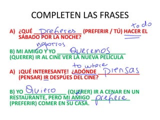 COMPLETEN LAS FRASES
A) ¿QUÉ ________________ (PREFERIR / TÚ) HACER EL
SÁBADO POR LA NOCHE?
B) MI AMIGO Y YO _______________________
(QUERER) IR AL CINE VER LA NUEVA PELÍCULA
A) ¡QUÉ INTERESANTE! ¿ADÓNDE ______________
(PENSAR) IR DESPÚES DEL CINE?
B) YO ______________ (QUERER) IR A CENAR EN UN
RESTAURANTE, PERO MI AMIGO _____________
(PREFERIR) COMER EN SU CASA.