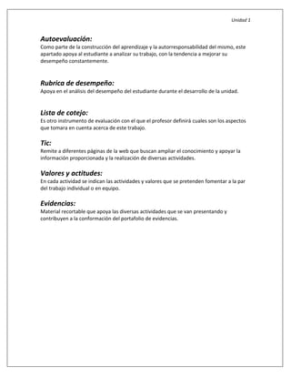 Unidad 1
Autoevaluación:
Como parte de la construcción del aprendizaje y la autorresponsabilidad del mismo, este
apartado apoya al estudiante a analizar su trabajo, con la tendencia a mejorar su
desempeño constantemente.
Rubrica de desempeño:
Apoya en el análisis del desempeño del estudiante durante el desarrollo de la unidad.
Lista de cotejo:
Es otro instrumento de evaluación con el que el profesor definirá cuales son los aspectos
que tomara en cuenta acerca de este trabajo.
Tic:
Remite a diferentes páginas de la web que buscan ampliar el conocimiento y apoyar la
información proporcionada y la realización de diversas actividades.
Valores y actitudes:
En cada actividad se indican las actividades y valores que se pretenden fomentar a la par
del trabajo individual o en equipo.
Evidencias:
Material recortable que apoya las diversas actividades que se van presentando y
contribuyen a la conformación del portafolio de evidencias.
 