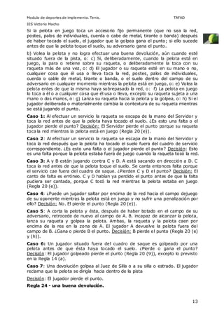 Modulo de deportes de implemento. Tenis. TAFAD 
IES Victorio Macho 
Si la pelota en juego toca un accesorio fijo permanente (que no sea la red, 
postes, palos de individuales, cuerda o cabe de metal, tirante o banda) después 
de haber tocado el suelo, el jugador que la golpea gana el punto; si ello sucede 
antes de que la pelota toque el suelo, su adversario gana el punto. 
b) Volea la pelota y no logra efectuar una buena devolución, aún cuando esté 
situado fuera de la pista, o: c) Si, deliberadamente, cuando la pelota está en 
juego, la para o retiene sobre su raqueta, o deliberadamente la toca con su 
raqueta más de una vez, o: d) El jugador o su raqueta esté en su mano o no, 
cualquier cosa que él usa o lleva toca la red, postes, palos de individuales, 
cuerda o cable de metal, tirante o banda, o el suelo dentro del campo de su 
adversario en cualquier momento mientras la pelota está en juego, o: e) Volea la 
pelota entes de que la misma haya sobrepasado la red, o: f) La pelota en juego 
lo toca a él o a cualquier cosa que él usa o lleva, excepto su raqueta sujeta a una 
mano o dos manos, o: g) Lanza su raqueta hacia la pelota y la golpea, o: h) Si el 
jugador deliberada o materialmente cambia la contextura de su raqueta mientras 
se está jugando el punto. 
Caso 1: Al efectuar un servicio la raqueta se escapa de la mano del Servidor y 
toca la red antes de que la pelota haya tocado el suelo. ¿Es esto una falta o el 
jugador pierde el punto? Decisión: El Servidor pierde el punto porque su raqueta 
toca la red mientras la pelota está en juego (Regla 20 (e)). 
Caso 2: Al efectuar un servicio la raqueta se escapa de la mano del Servidor y 
toca la red después que la pelota ha tocado el suelo fuera del cuadro de servicio 
correspondiente. ¿Es esto una falta o el jugador pierde el punto? Decisión: Esto 
es una falta porque la pelota estaba fuera de juego cuando la raqueta tocó la red. 
Caso 3: A y B están jugando contra C y D. A está sacando en dirección a D. C 
toca la red antes de que la pelota toque el suelo. Se canta entonces falta porque 
el servicio cae fuera del cuadro de saque. ¿Pierden C y D el punto? Decisión: El 
canto de falta es erróneo. C y D habían ya perdido el punto antes de que la falta 
pudiera ser cantada, porque C tocó la red mientras la pelota estaba en juego 
(Regla 20 (e)). 
Caso 4: ¿Puede un jugador saltar por encima de la red hacia el campo dejuego 
de su oponente mientras la pelota está en juego y no sufrir una penalización por 
ello? Decisión: No. El pierde el punto (Regla 20 (e)). 
Caso 5: A corta la pelota y ésta, después de haber botado en el campo de su 
adversario, retrocede de nuevo al campo de A. B. incapaz de alcanzar la pelota, 
lanza su raqueta y golpea la pelota. Ambas, la raqueta y la pelota caen por 
encima de la res en la zona de A. El jugador A devuelve la pelota fuera del 
campo de B. ¿Gana o pierde B el punto. Decisión: B pierde el punto (Regla 20 (e) 
y (h)). 
Caso 6: Un jugador situado fuera del cuadro de saque es golpeado por una 
pelota antes de que ésta haya tocado el suelo. ¿Pierde o gana el punto? 
Decisión: El jugador golpeado pierde el punto (Regla 20 (9)), excepto lo previsto 
en la Regla 14 (a). 
Caso 7: Una devolución golpea al Juez de Silla o a su silla o estrado. El jugador 
reclama que la pelota se dirigía hacia dentro de la pista 
Decisión: El jugador pierde el punto. 
Regla 24 - una buena devolución. 
13 
 